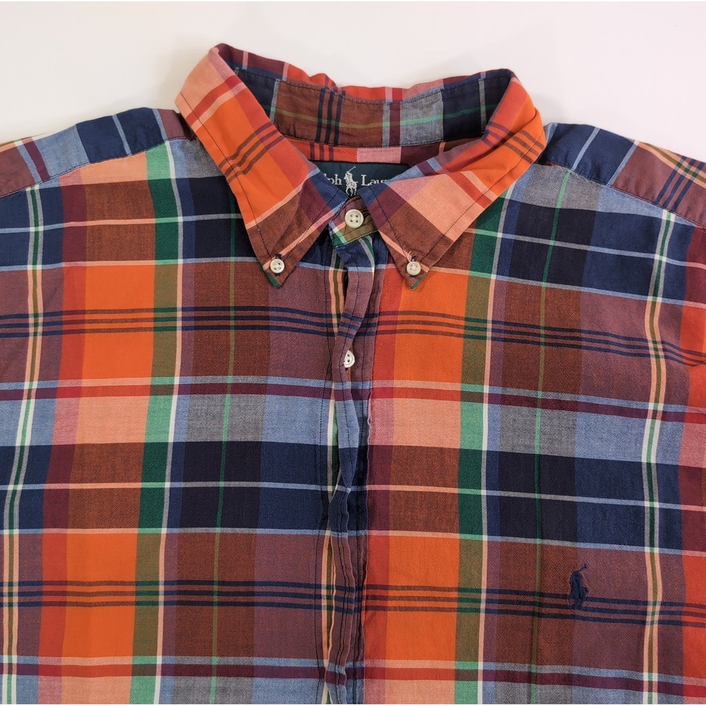 Polo Ralph Lauren Mens 2XLT Madras Plaid Cotton Short Sleeve Shirt Orange Navy